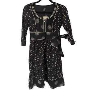 NWT Anthropologie Viola Cotton Boho Floral Abstract Bow Dress, Black, Size 2